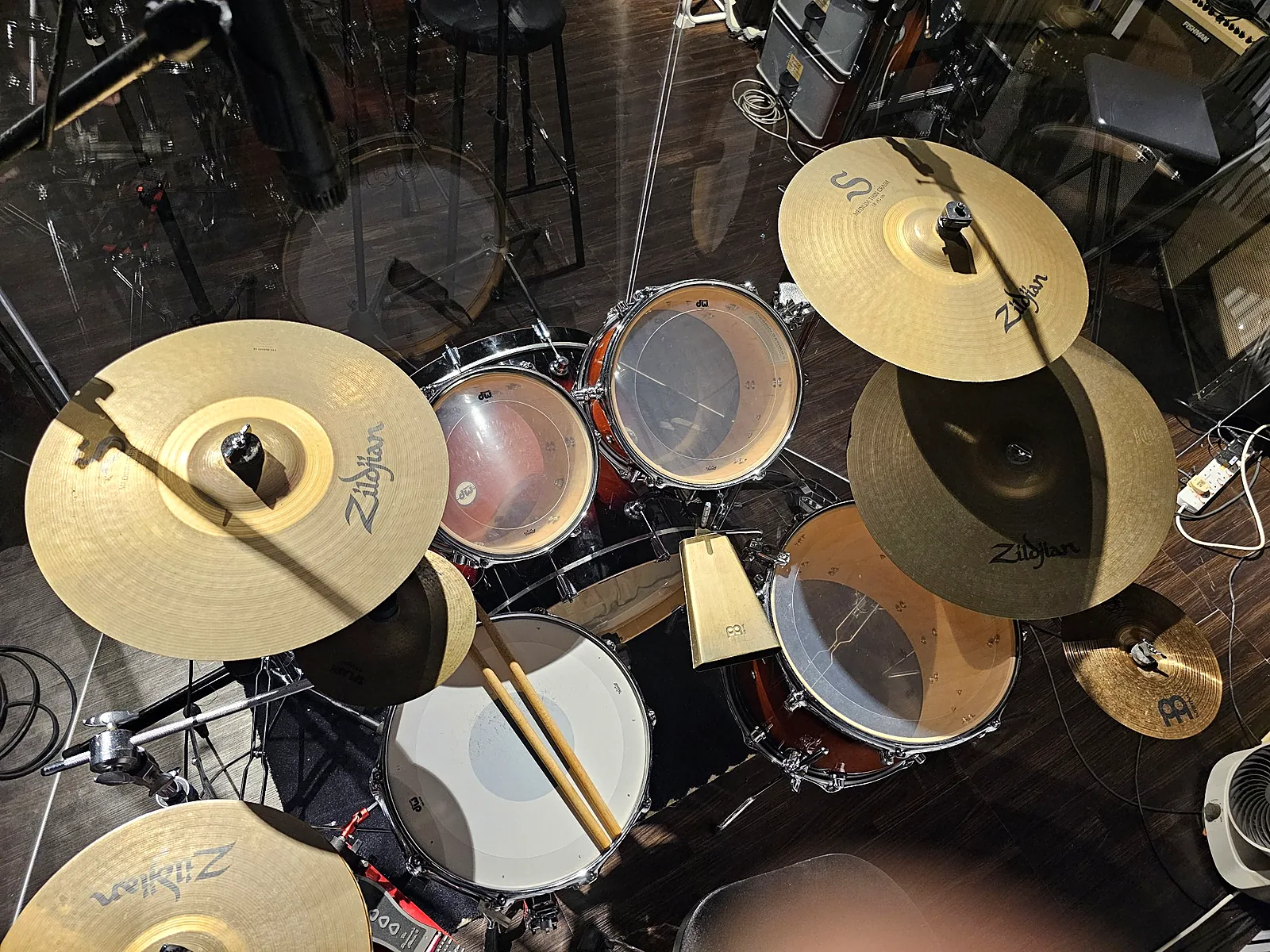 Overhead view of the DW drum kit with Zildjian cymbals