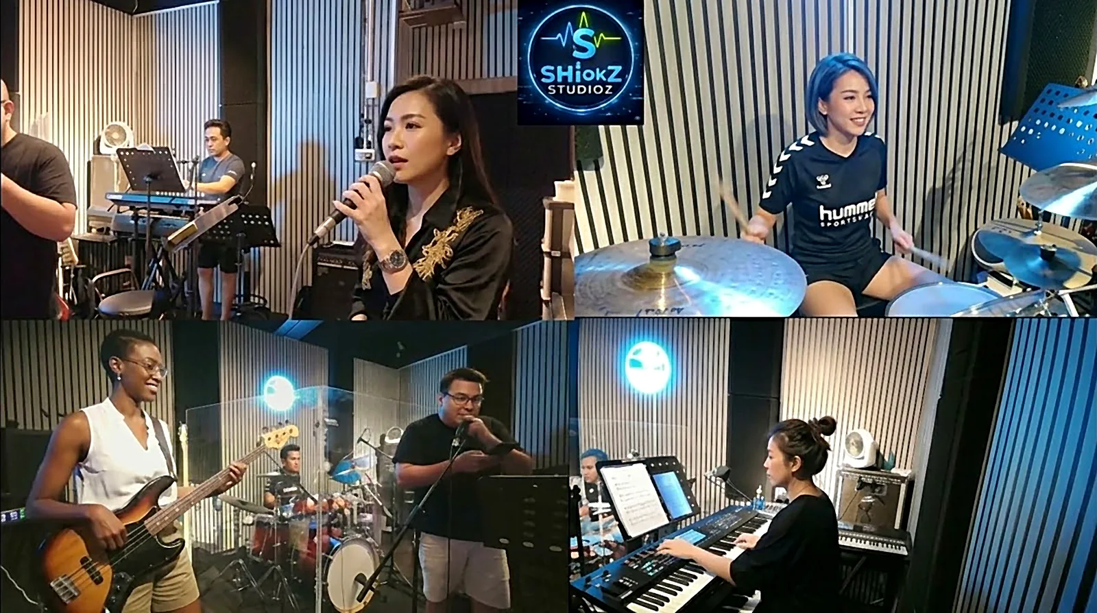 Multi-camera live stream of a band session at Shiokz Studioz: vocals, drums, bass and keyboards